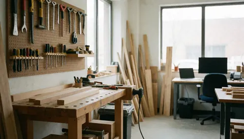 Vue d'un atelier de menuiserie comprenant un panneau en bois, des outils suspendus au mur et des planches empilées, adapté à la réparation d'escaliers.