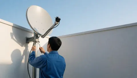 Technicien en uniforme bleu ajuste le montage d'une antenne satellite sur un mur blanc sous la lumière du matin, scène d'installation professionnelle.