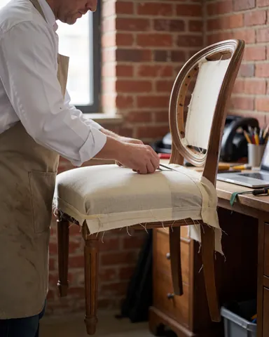 Un tapissier portant un tablier coupe du tissu sur une chaise en bois devant un mur de briques avec outils et ordinateur sur une table