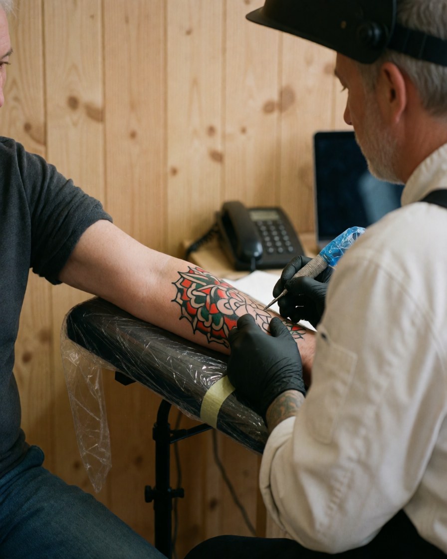 Un tatoueur applique de l'encre sur le bras d'un client dans un studio avec un mur en bois et un tatouage en cours.