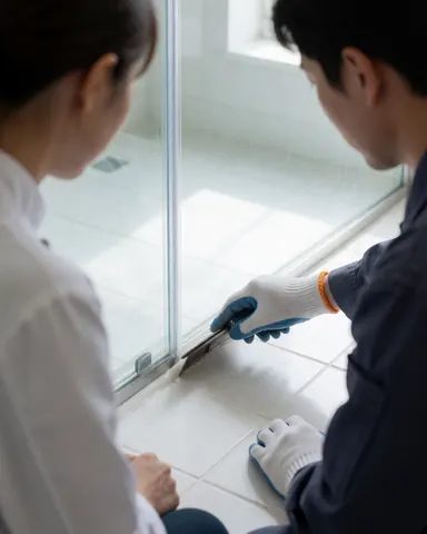 Installateur de verre applique du silicone sur le cadre d'une douche tandis qu'un client observe dans un bain moderne avec sol en céramique blanche.