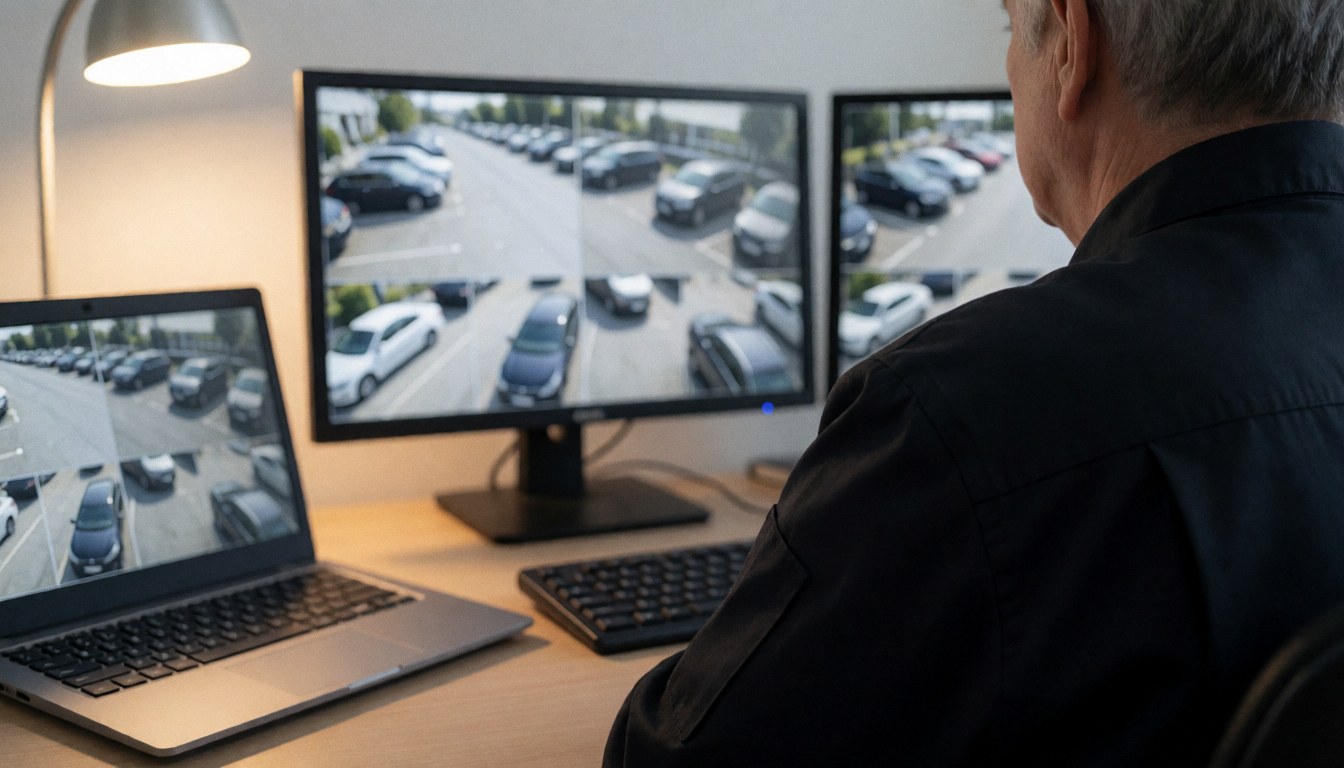 Un superviseur de parking regarde attentivement les moniteurs de sécurité dans un bureau professionnel équipé d'un clavier et d'un éclairage adapté.