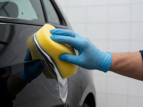 Une main portant un gant bleu applique de la cire blanche avec une éponge jaune sur la portière noire d'une automobile devant un mur de carreaux blancs.