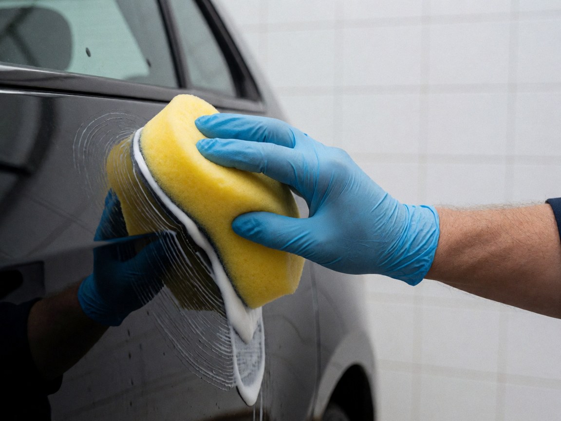 Une main portant un gant bleu applique de la cire blanche avec une éponge jaune sur la portière noire d'une automobile devant un mur de carreaux blancs.
