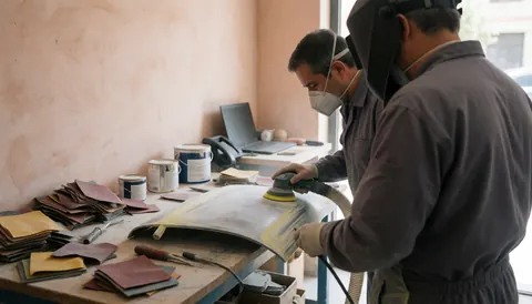 Un technicien utilise une machine de polissage sur un panneau automobile dans un atelier de carrosserie, avec du papier abrasif et de la peinture à proximité.