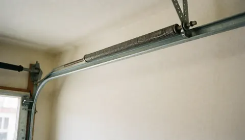 Ressort de torsion métallique du mécanisme d'une porte de garage, murs couleur crème, idéal pour la couverture d'un site web d'installateur de portes de garage.