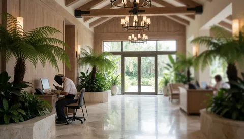 Hall d'accueil de resort moderne et chaleureux avec plantes tropicales, poutres en bois et éclairage doux.
