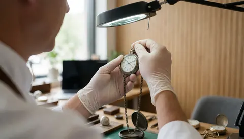 Un horloger examine une montre de poche vintage avec une loupe dans un atelier en bois clair, mettant en évidence sa précision et son savoir-faire.