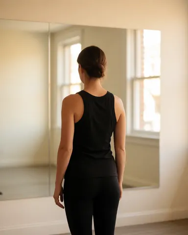 Instructrice de danse vue de dos dans un studio avec un grand miroir et des fenêtres, vêtue de noir, se préparant pour un cours.