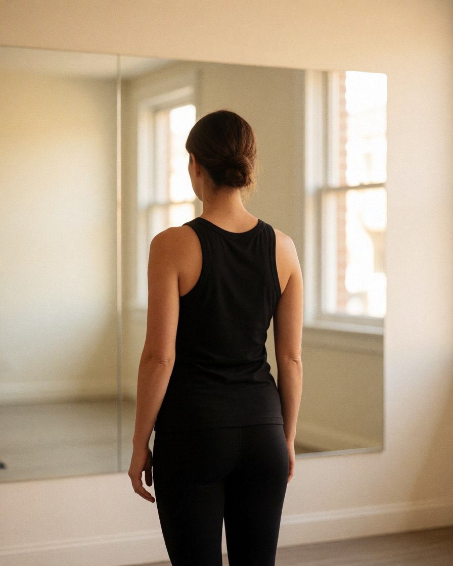 Instructrice de danse vue de dos dans un studio avec un grand miroir et des fenêtres, vêtue de noir, se préparant pour un cours.