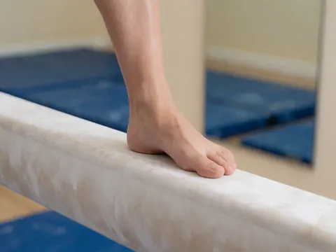 Gros plan d'un pied nu posé sur une barre blanche dans un gymnase, avec un tapis bleu et un miroir en arrière-plan pour un coach de gymnastique.