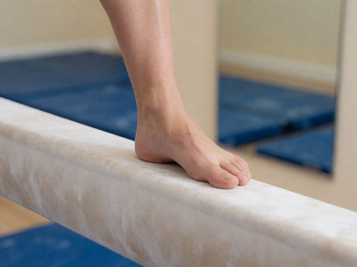 Gros plan d'un pied nu posé sur une barre blanche dans un gymnase, avec un tapis bleu et un miroir en arrière-plan pour un coach de gymnastique.