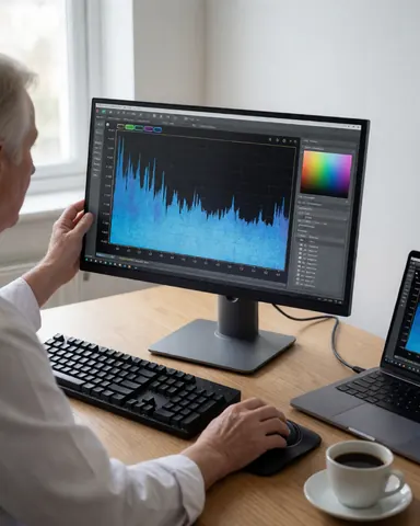 Un photographe professionnel ajuste un moniteur affichant un histogramme sur un bureau en bois clair, avec clavier, souris et tasse de café.