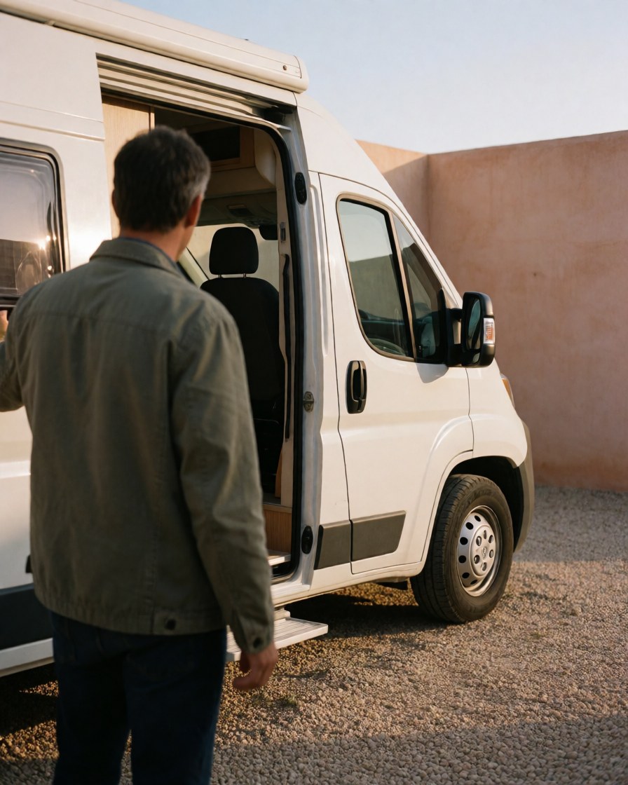 Un client examine l'intérieur d'un camping-car blanc dans un atelier avec mur en terre cuite et gravier, sous la lumière du coucher de soleil.