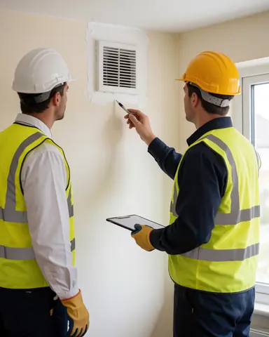 Deux techniciens en casques et gilets de sécurité inspectent un ventilateur de plafond installé. L'un pointe avec un stylo tandis que l'autre tient un classeur.