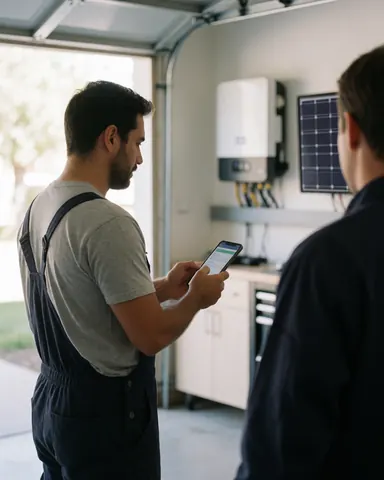Une cliente consulte son application solaire sur un téléphone pendant qu'un technicien la conseille dans un garage avec un onduleur et un panneau installés.