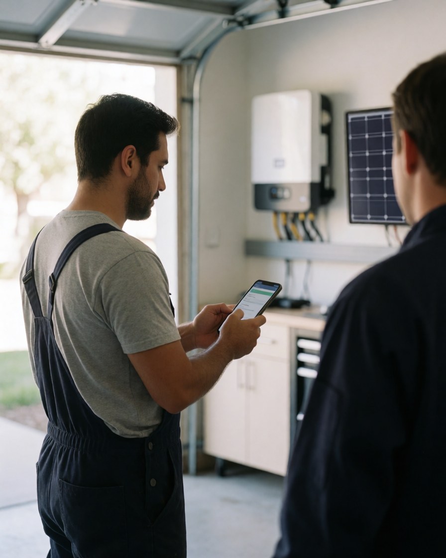 Une cliente consulte son application solaire sur un téléphone pendant qu'un technicien la conseille dans un garage avec un onduleur et un panneau installés.