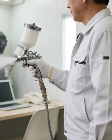 Technicien en peinture automobile utilisant un pistolet de pulvérisation dans un atelier professionnel avec des murs propres.
