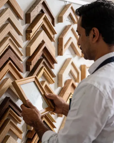 Une cliente observe attentivement un cadre en bois dans une boutique d'ébénisterie, avec des cadres disposés en motif sur le mur.