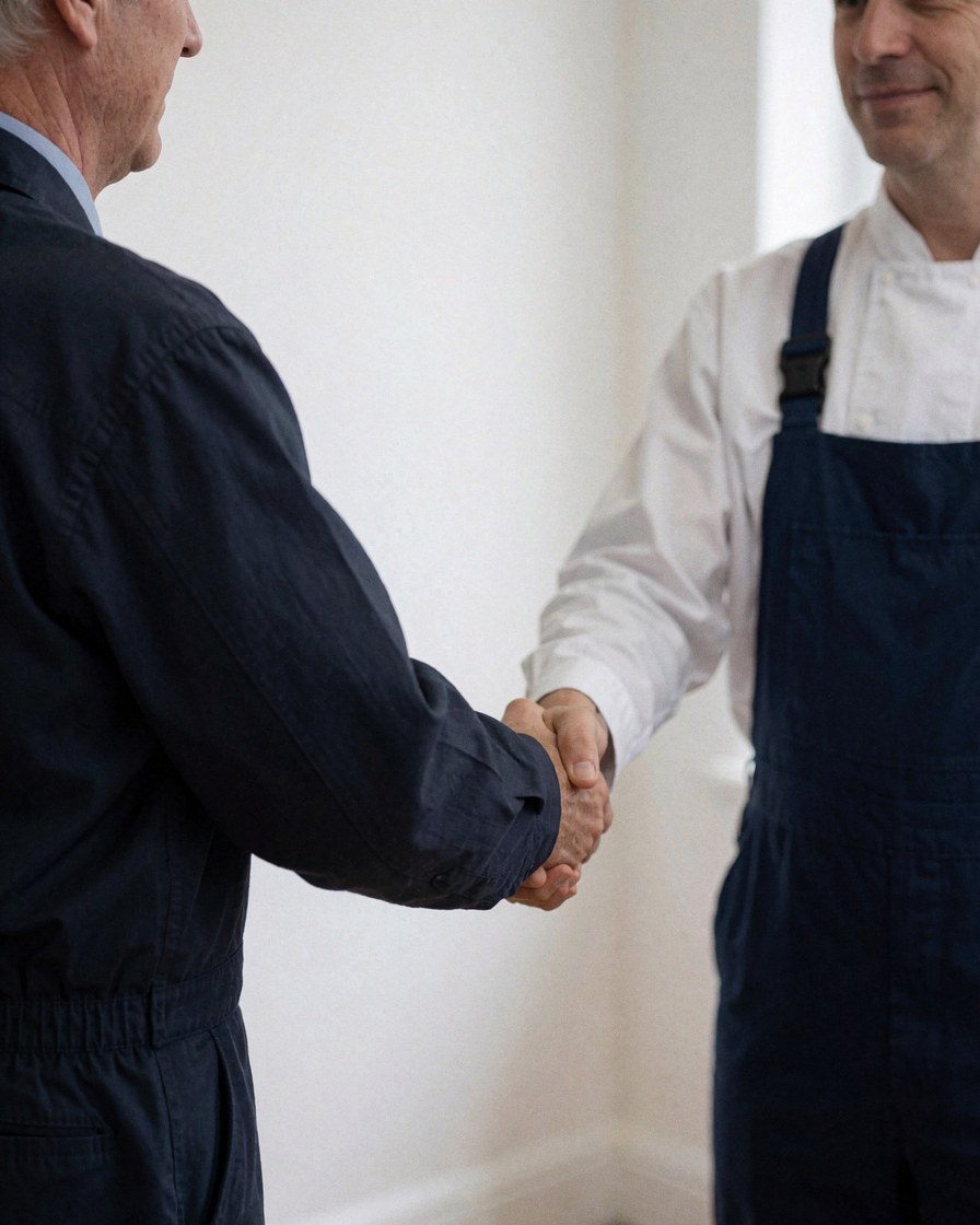 Un homme en uniforme et un autre en costume se serrent la main dans un bureau aux murs blancs, symbolisant un accord professionnel.