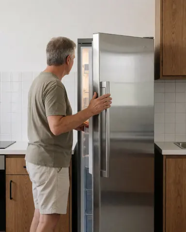 Un adulte ouvre un réfrigérateur en acier inoxydable dans une cuisine équipée de carreaux blancs et de meubles en bois, créant un environnement propre et fonctionnel.