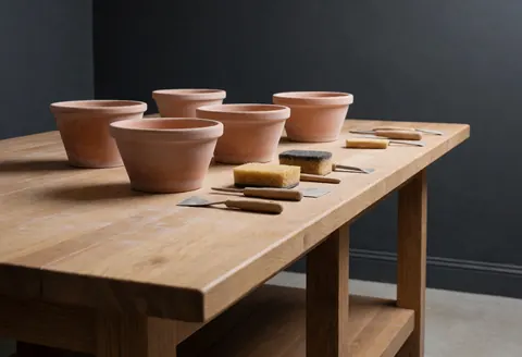 Des pots en terre cuite contenant des fleurs sont disposés sur une table en bois, créant une ambiance chaleureuse et naturelle dans un intérieur.