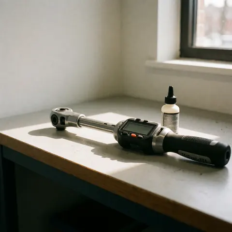 Clé dynamométrique numérique et bouteille de loctite sur une table de travail propre éclairée par la lumière naturelle pour la réparation de motos