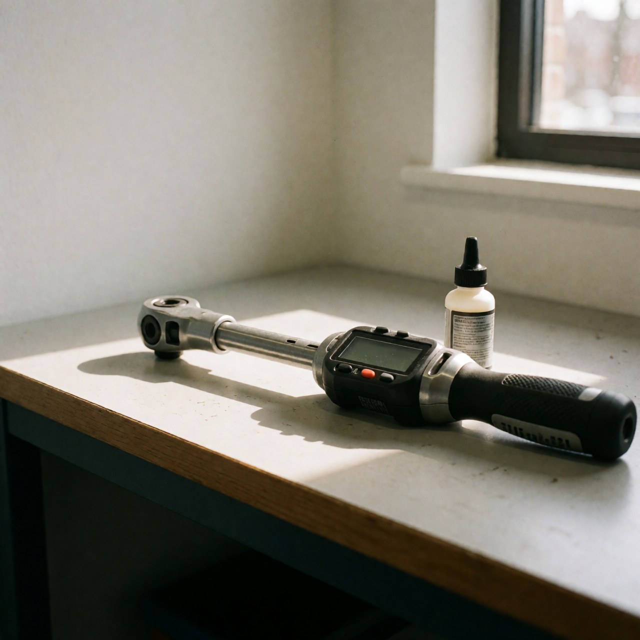 Clé dynamométrique numérique et bouteille de loctite sur une table de travail propre éclairée par la lumière naturelle pour la réparation de motos