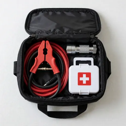 Kit de secours pour voitures comprenant des câbles de démarrage, une lampe torche et une trousse de premiers secours, le tout rangé dans un sac noir sur un fond blanc.
