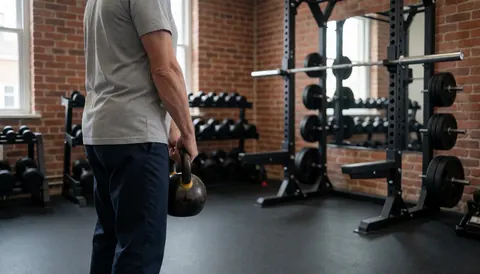 Un entraîneur d'athlétisme tient un kettlebell dans une salle de sport avec des murs en briques et des haltères sur des étagères en arrière-plan.