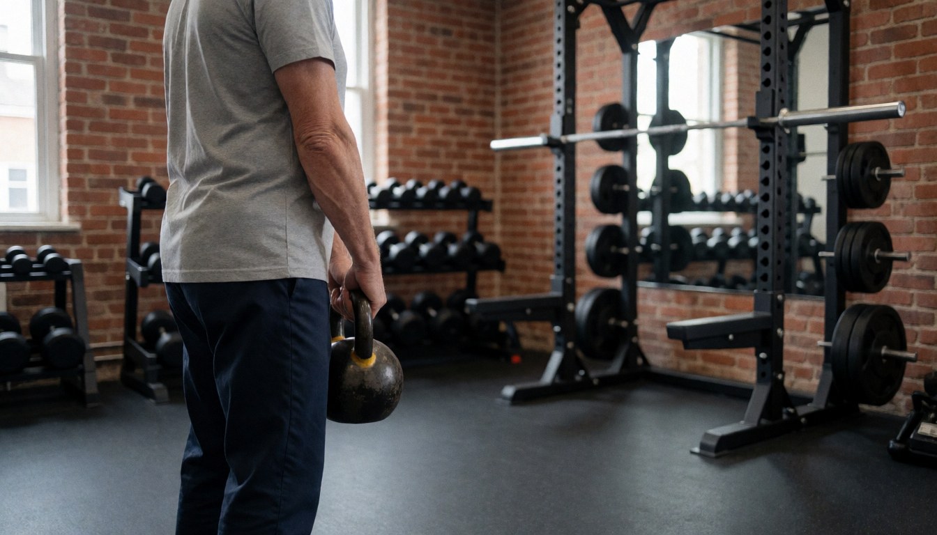 Un entraîneur d'athlétisme tient un kettlebell dans une salle de sport avec des murs en briques et des haltères sur des étagères en arrière-plan.