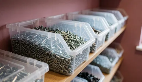 Des boîtes en plastique contenant des vis et des composants électroniques sont rangées sur une étagère en bois avec des murs roses, idéal pour un atelier de réparation électronique.