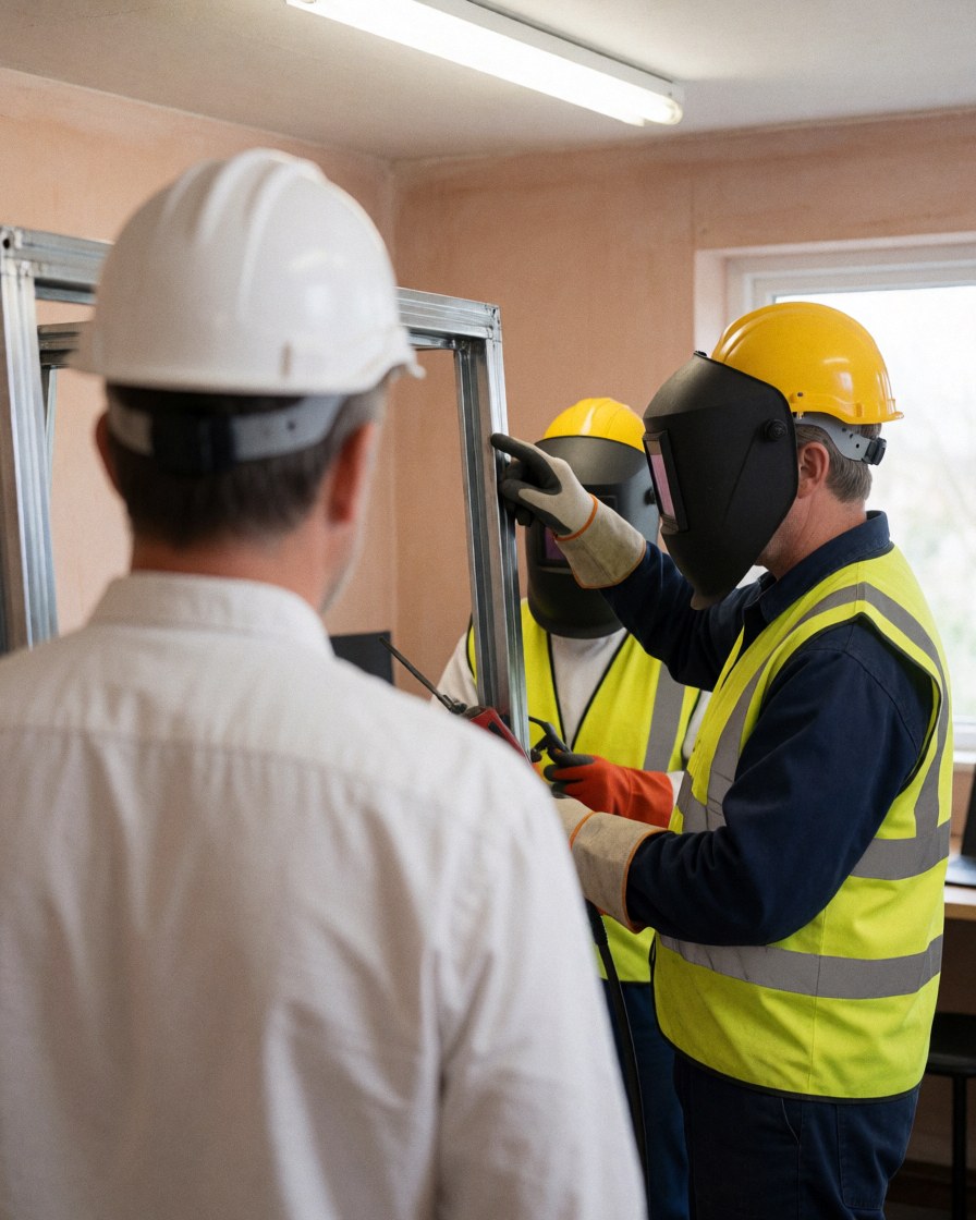 Un client en casque blanc observe un soudeur en casque jaune et gilet réfléchissant travaillant sur une structure métallique dans un atelier industriel.