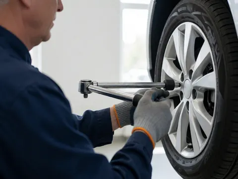 Mécanicien en gant ajuste une roue de voiture avec une clé dynamométrique dans un atelier à fond blanc et uniforme bleu foncé.