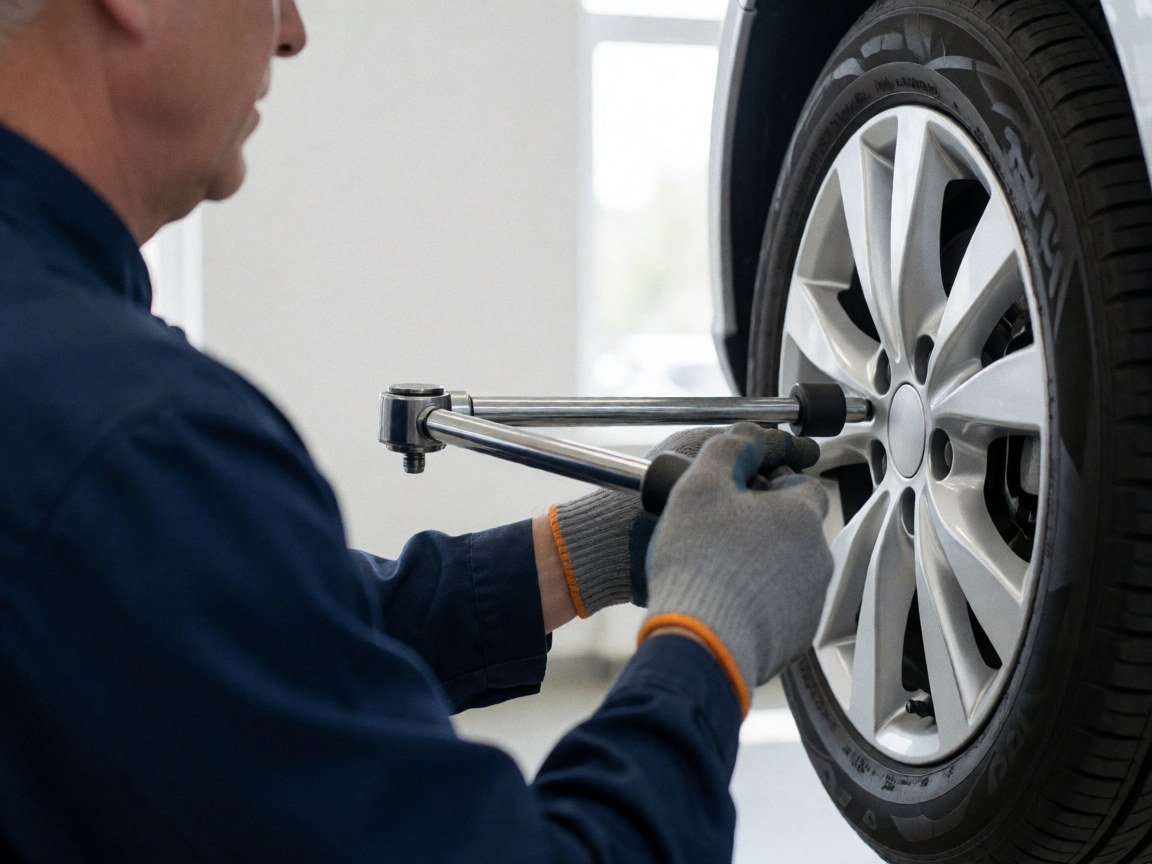 Mécanicien en gant ajuste une roue de voiture avec une clé dynamométrique dans un atelier à fond blanc et uniforme bleu foncé.