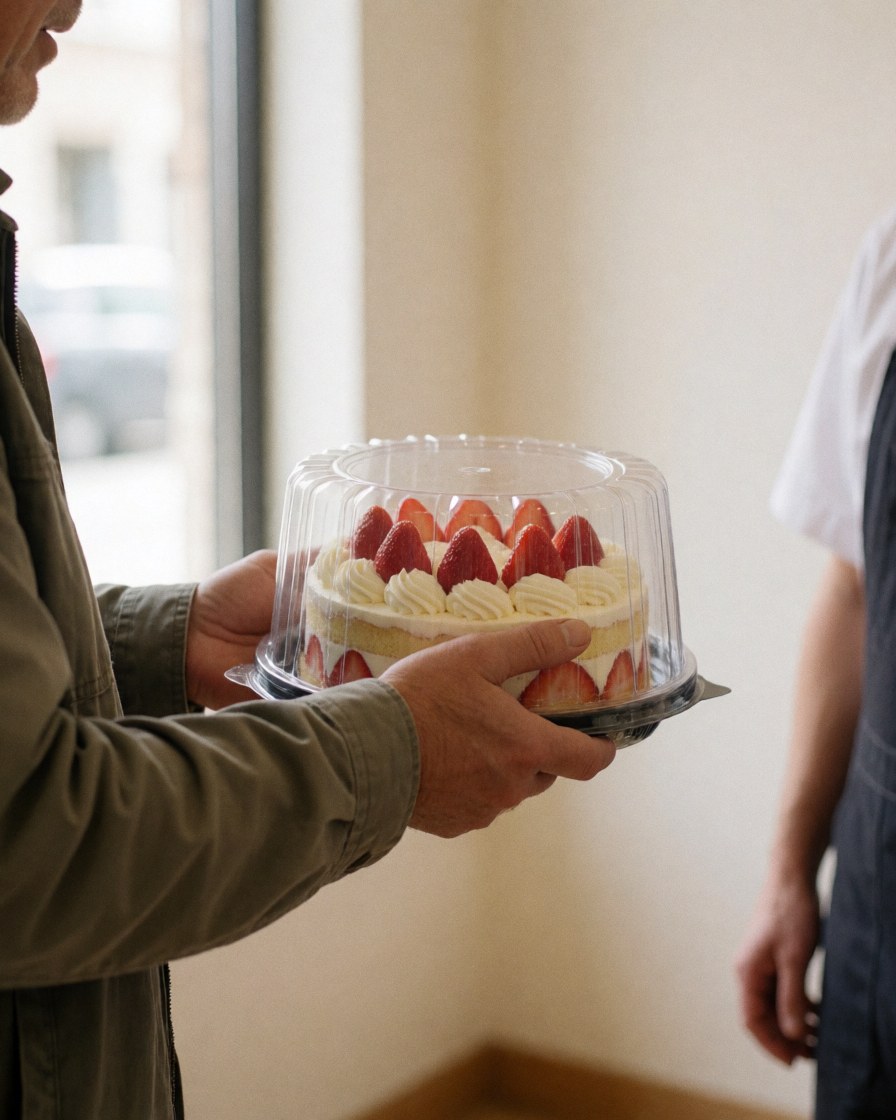 Une cliente reçoit un gâteau décoré de fraises et de glaçage dans une boulangerie à l'ambiance chaleureuse et éclairée par la lumière naturelle.
