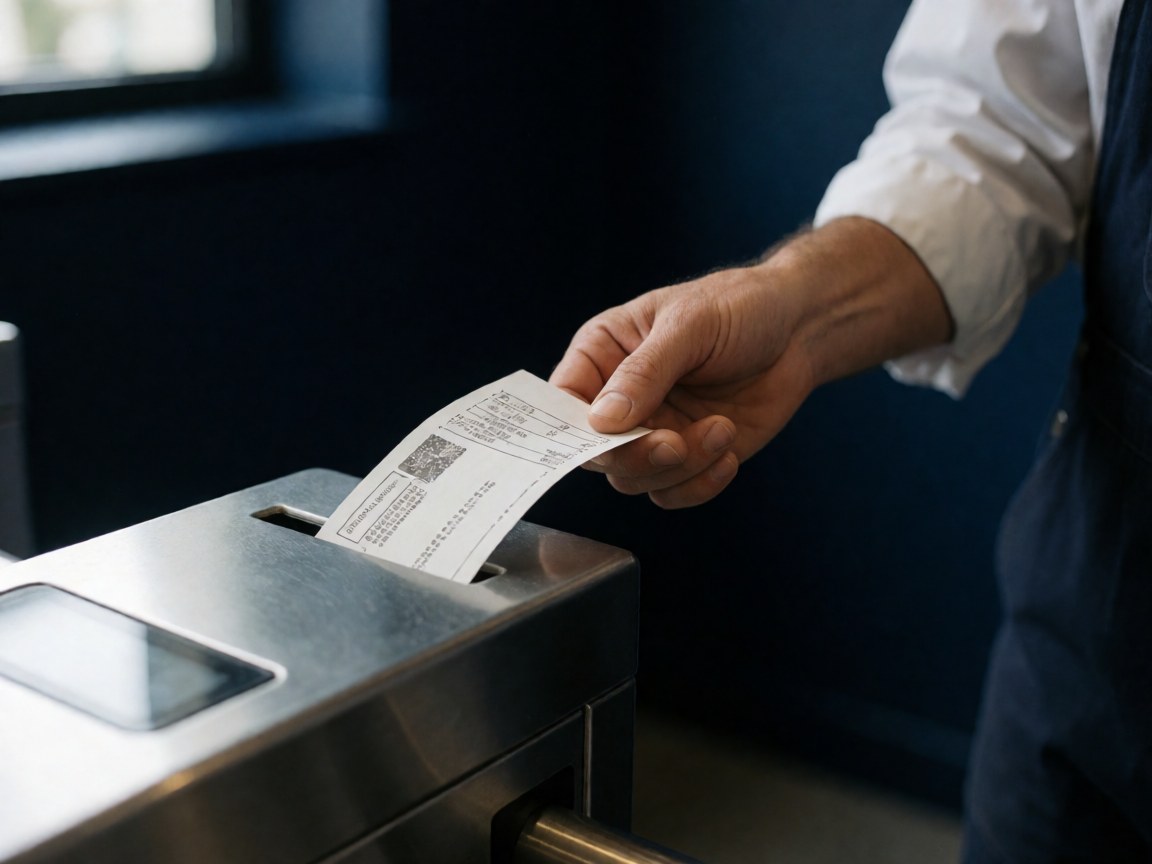 Une main insère un ticket de transport dans un tourniquet métallique devant un mur bleu marine, illustrant l'accès au transport public.