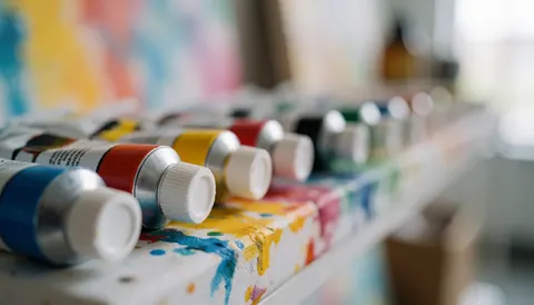 Tubes de peinture artistique posés sur une toile tachée avec un fond flou, idéal pour un atelier de peinture ou un studio créatif.