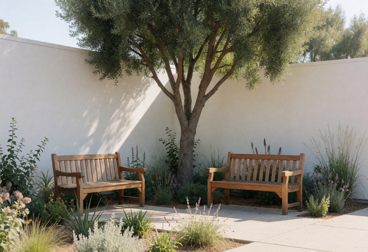 Deux bancs en bois placés sous un grand arbre dans un parc écologique, entourés de plantes natives et d'un mur blanc, offrant un espace de repos au milieu de la nature.
