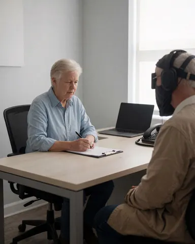 Un professionnel note des informations sur un porte-clipboard tout en s'occupant d'un client âgé portant des écouteurs dans un cabinet bien éclairé.