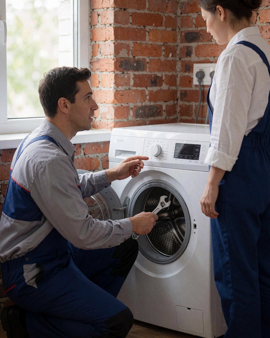 Un plombier utilise une clé pour réparer une machine à laver devant un client, dans un intérieur avec un mur en briques et une lumière naturelle.