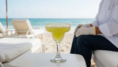 Margarita au bord salé posée sur une table de plage, avec des transats blancs et l'océan en arrière-plan, un barman en uniforme de plage visible.