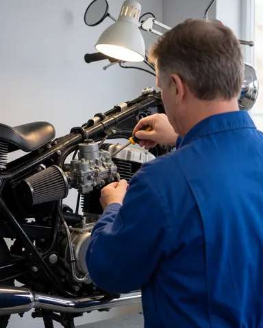 Mécanicien en bleu ajuste le flotteur du moteur de moto avec une lampe dans un atelier aux murs gris.