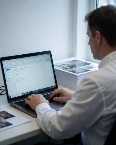 Un homme utilise un ordinateur portable entouré d'une pile de documents imprimés dans un bureau lumineux aux murs blancs.