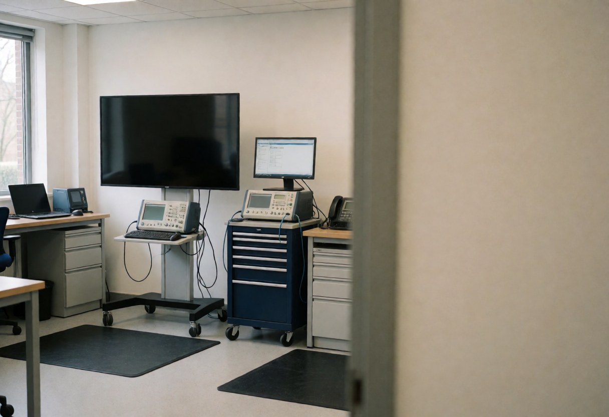 Grand téléviseur dans un atelier de réparation avec équipement de diagnostic, moniteurs, lumière naturelle et murs neutres.