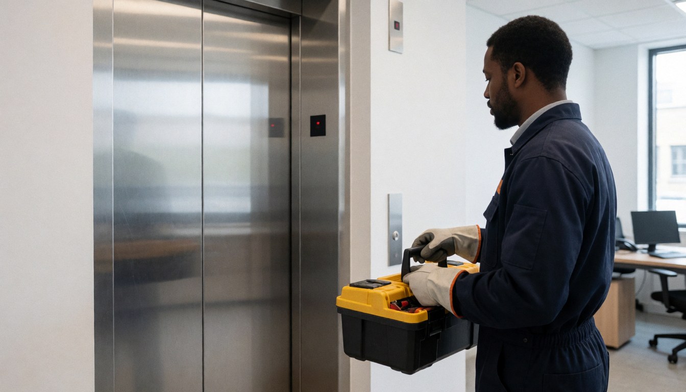 Technicien de maintenance d'ascenseurs inspectant un ascenseur dans un bureau moderne, vêtu d'un uniforme et tenant des outils, avec des reflets sur les portes métalliques.