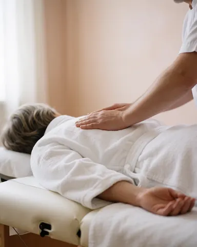 Thérapeute effectuant un massage suédois sur le dos d'un client allongé sur une table de massage blanche dans un cadre professionnel et relaxant.