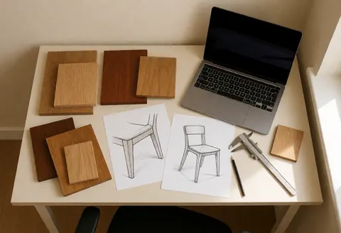 Bureau avec échantillons de bois, croquis de chaises et outils de conception pour un atelier de meubles artisanaux