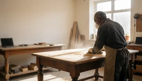 Un homme portant un masque anti-poussière ponçant une table en bois ancien dans un atelier lumineux aux murs peints avec des copeaux visibles.