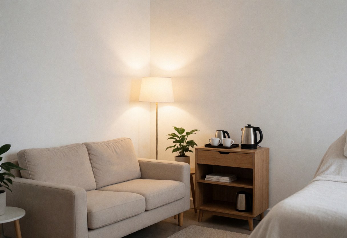 Salon d'attente moderne avec canapé beige, lampe et petite table avec café, idéal pour un salon de beauté.